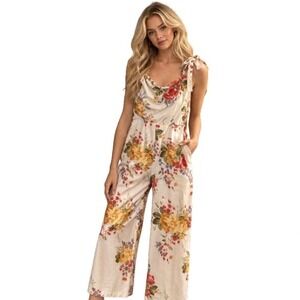 Reformation Floral Wide Leg Jumpsuit  Tie Straps Cream Yellow Size 8